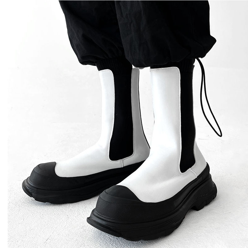 Men'S Shoes Black And White - Мужские модные панк-ботинки челси на высокой